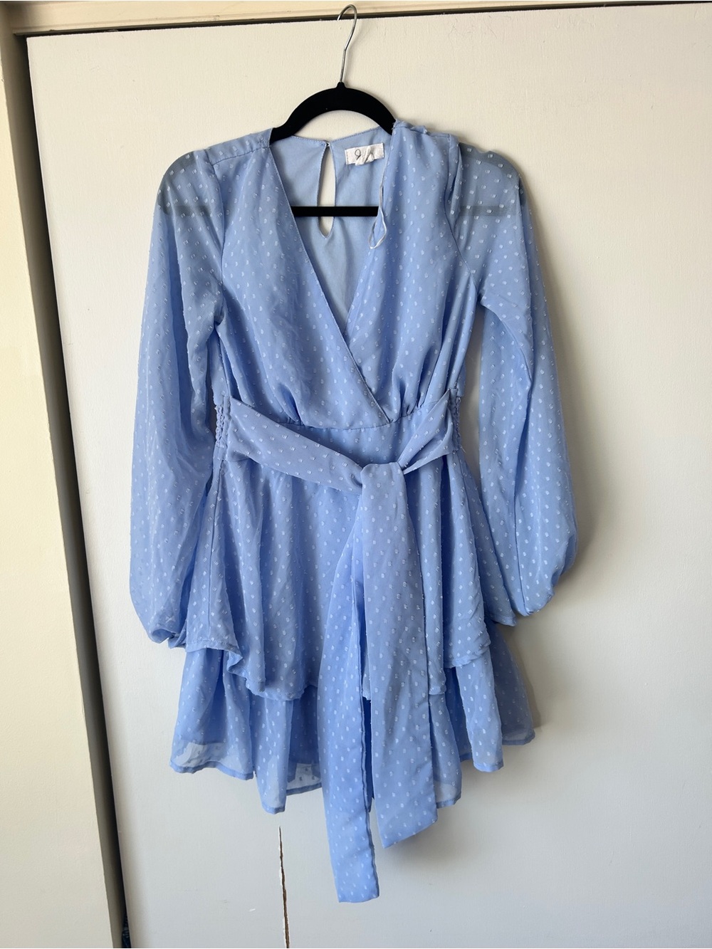 Japna Light Blue Swiss Dot Wrap Mini Dress with shorts
